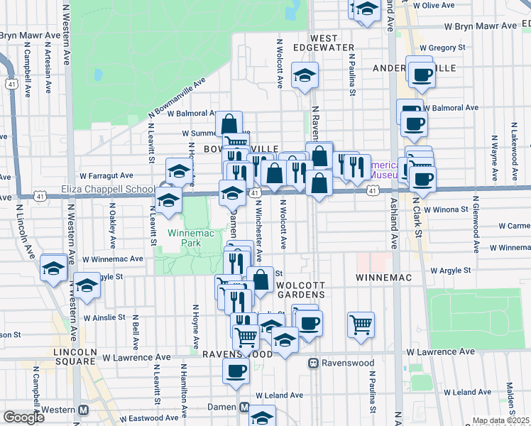 map of restaurants, bars, coffee shops, grocery stores, and more near 5074 North Winchester Avenue in Chicago