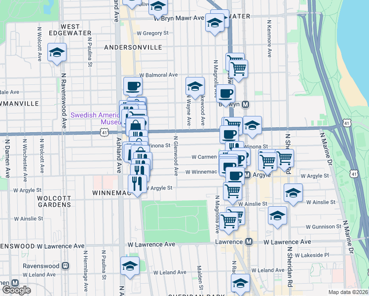 map of restaurants, bars, coffee shops, grocery stores, and more near 1343 West Winona Street in Chicago
