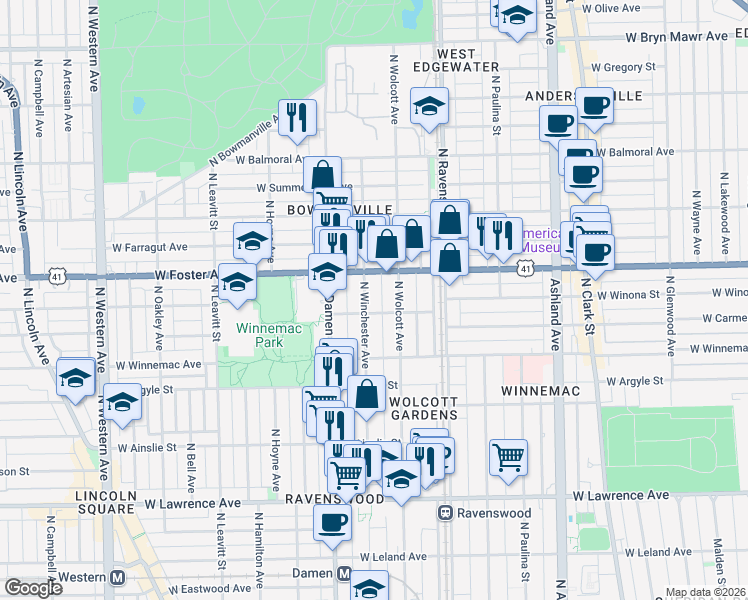 map of restaurants, bars, coffee shops, grocery stores, and more near 5074 North Winchester Avenue in Chicago