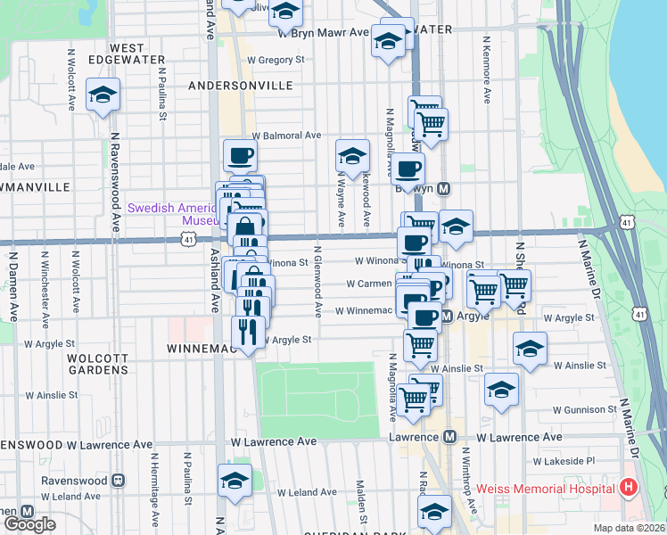 map of restaurants, bars, coffee shops, grocery stores, and more near 5063 North Glenwood Avenue in Chicago
