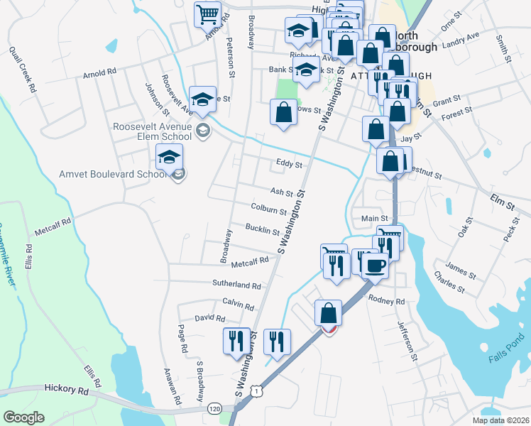map of restaurants, bars, coffee shops, grocery stores, and more near 36 Colburn Street in North Attleborough