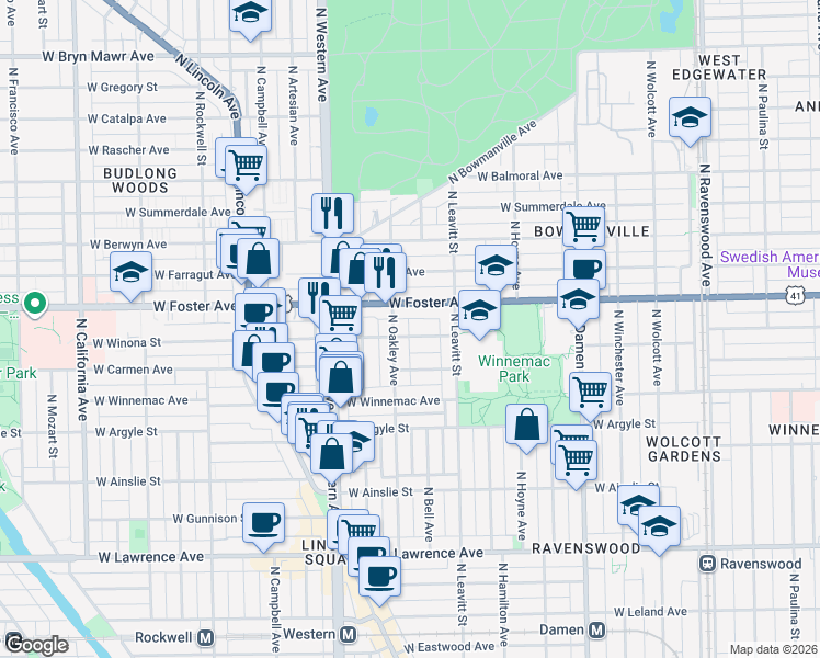 map of restaurants, bars, coffee shops, grocery stores, and more near 2244 West Winona Street in Chicago