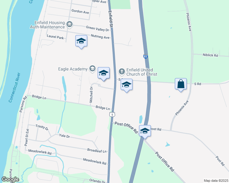 map of restaurants, bars, coffee shops, grocery stores, and more near 1318 Enfield Street in Enfield
