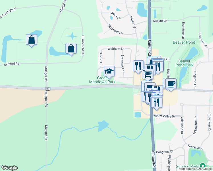 map of restaurants, bars, coffee shops, grocery stores, and more near 1520 Stearns Road in Bartlett