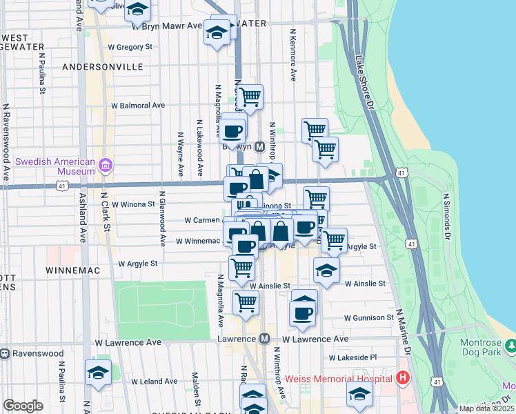 map of restaurants, bars, coffee shops, grocery stores, and more near 5042 North Winthrop Avenue in Chicago