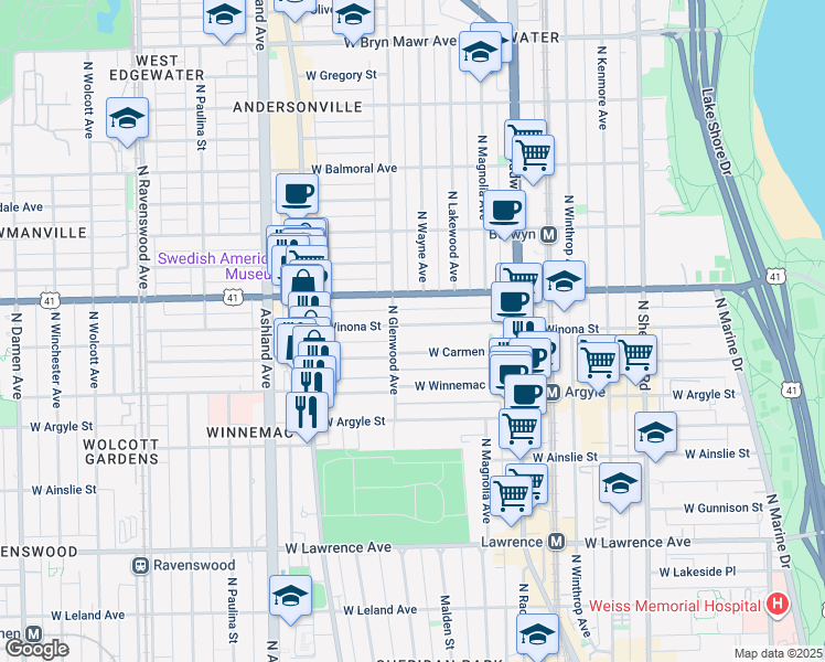 map of restaurants, bars, coffee shops, grocery stores, and more near 5063 North Glenwood Avenue in Chicago