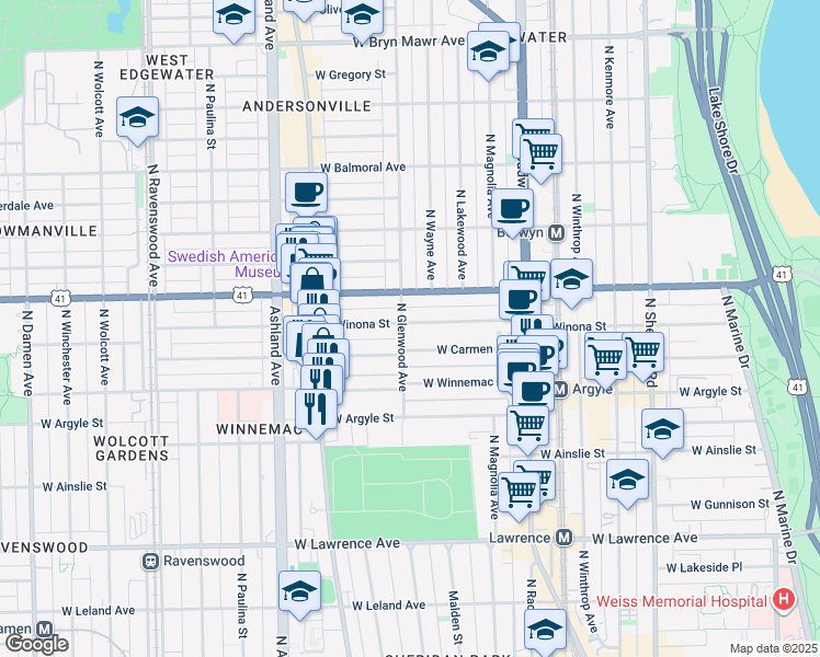 map of restaurants, bars, coffee shops, grocery stores, and more near 5063 North Glenwood Avenue in Chicago
