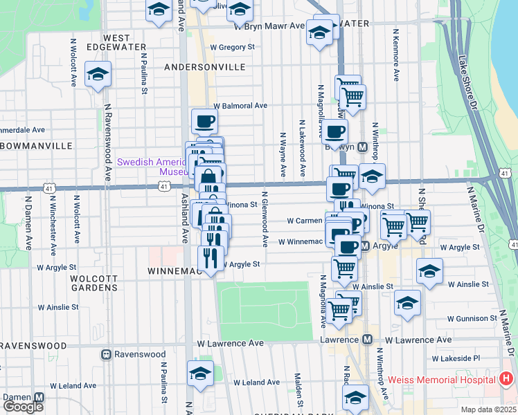 map of restaurants, bars, coffee shops, grocery stores, and more near 5063 North Glenwood Avenue in Chicago