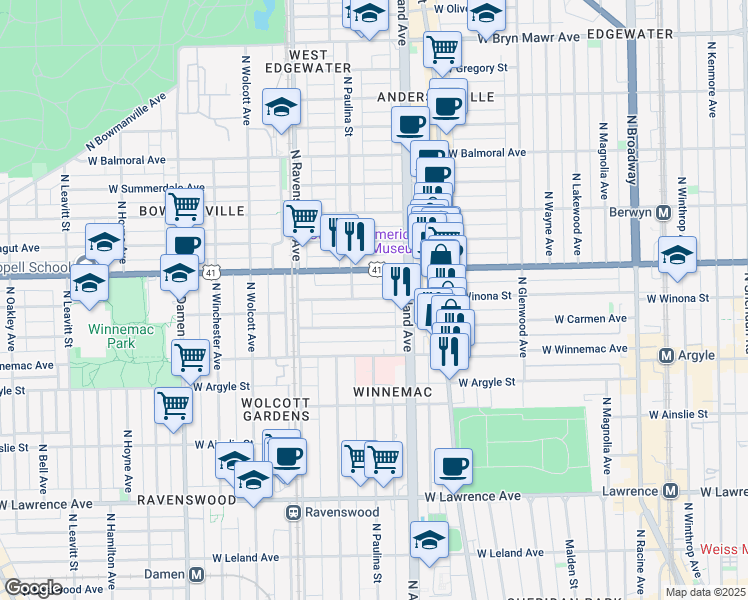 map of restaurants, bars, coffee shops, grocery stores, and more near 1618 West Carmen Avenue in Chicago