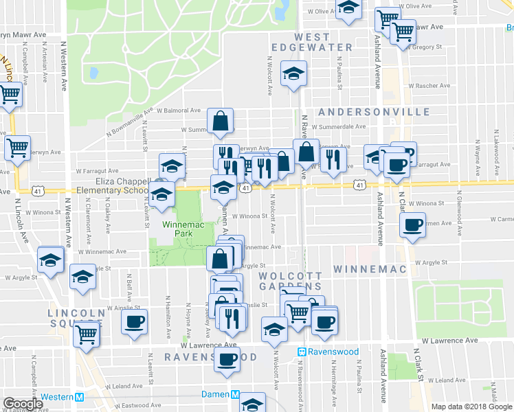 map of restaurants, bars, coffee shops, grocery stores, and more near 5074 North Winchester Avenue in Chicago