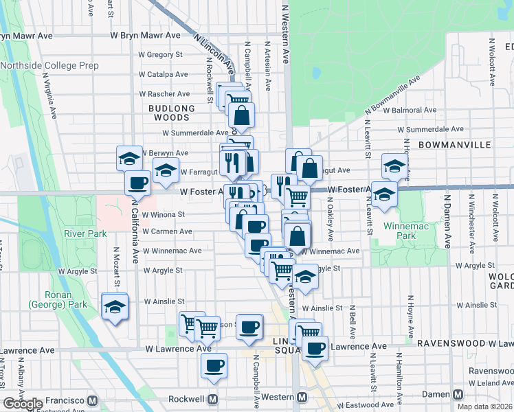 map of restaurants, bars, coffee shops, grocery stores, and more near 5111 North Lincoln Avenue in Chicago
