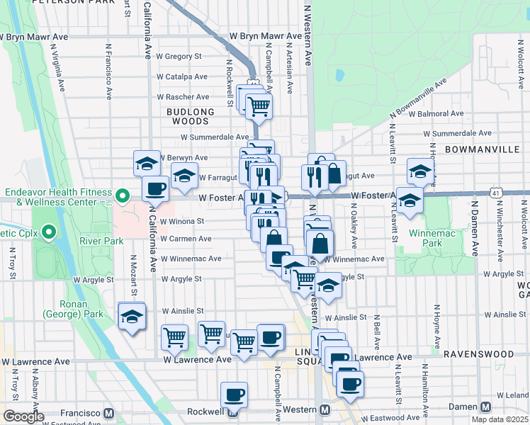 map of restaurants, bars, coffee shops, grocery stores, and more near 5111 North Lincoln Avenue in Chicago