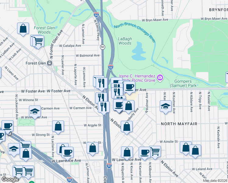 map of restaurants, bars, coffee shops, grocery stores, and more near 5129 North Keating Avenue in Chicago