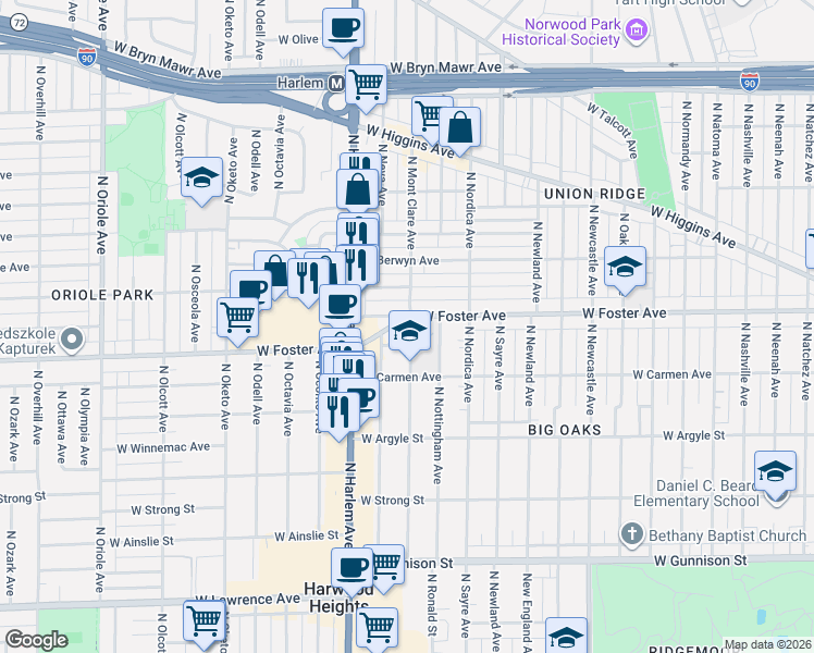 map of restaurants, bars, coffee shops, grocery stores, and more near 5127 North Neva Avenue in Chicago