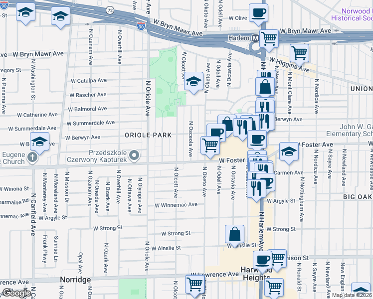 map of restaurants, bars, coffee shops, grocery stores, and more near 7422 West Foster Avenue in Chicago