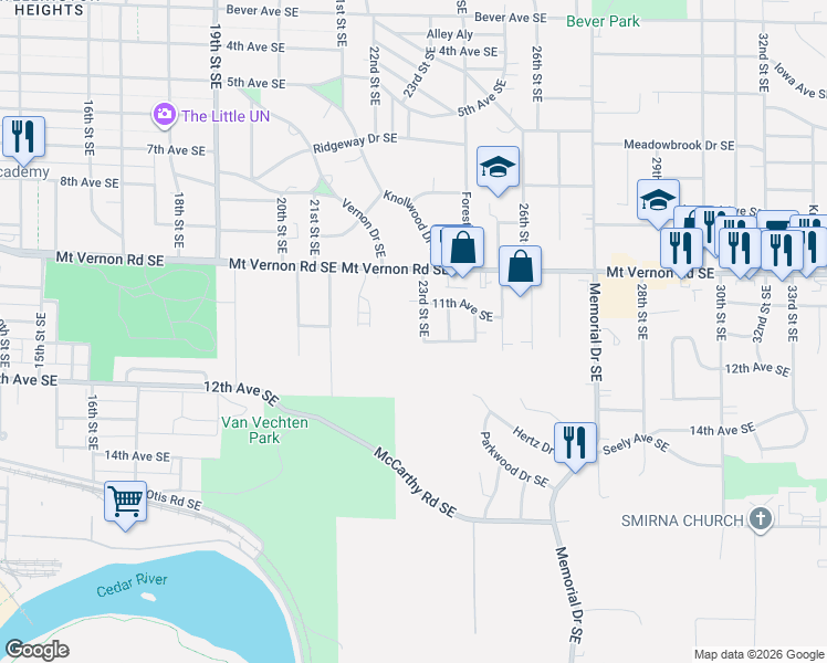 map of restaurants, bars, coffee shops, grocery stores, and more near 1135 23rd St SE in Cedar Rapids