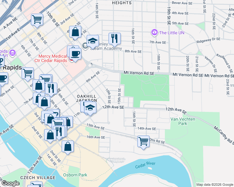 map of restaurants, bars, coffee shops, grocery stores, and more near 1129 15th Street Southeast in Cedar Rapids