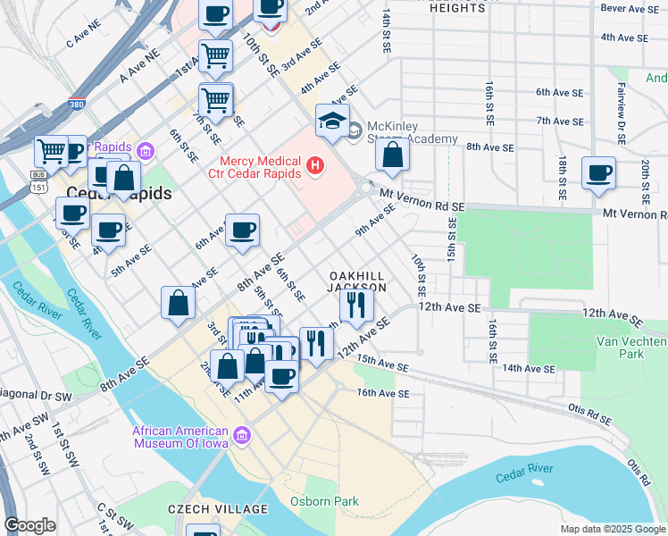map of restaurants, bars, coffee shops, grocery stores, and more near 917 7th Street Southeast in Cedar Rapids