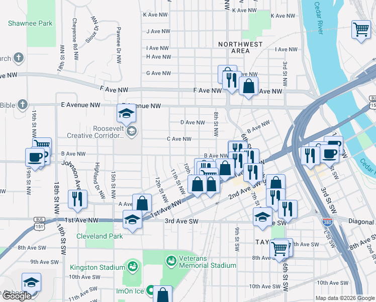 map of restaurants, bars, coffee shops, grocery stores, and more near 230 10th Street Northwest in Cedar Rapids