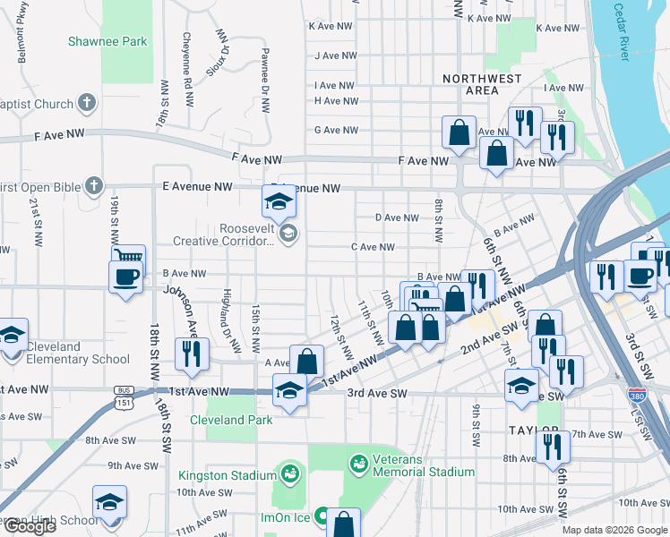 map of restaurants, bars, coffee shops, grocery stores, and more near in Cedar Rapids