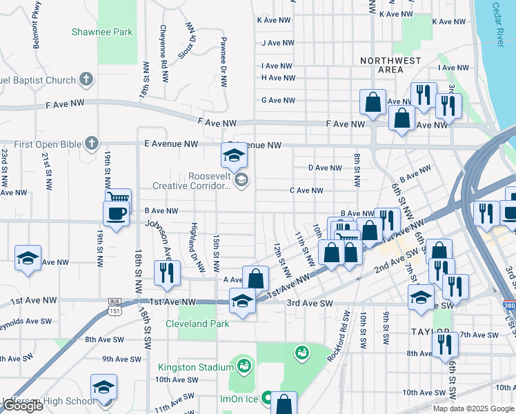 map of restaurants, bars, coffee shops, grocery stores, and more near 279 13th Street Northwest in Cedar Rapids