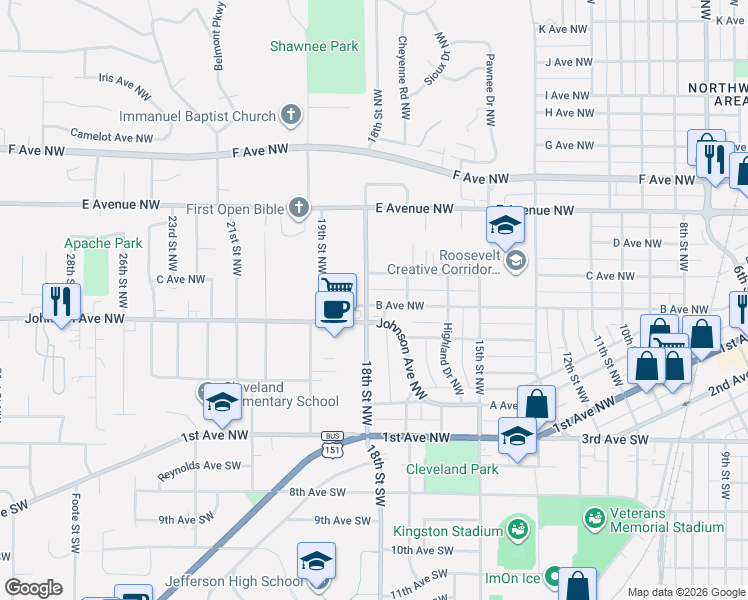map of restaurants, bars, coffee shops, grocery stores, and more near 1714 Johnson Avenue Northwest in Cedar Rapids