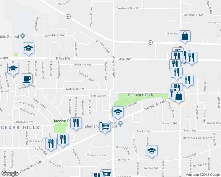 map of restaurants, bars, coffee shops, grocery stores, and more near 4200 Midway Drive Northwest in Cedar Rapids