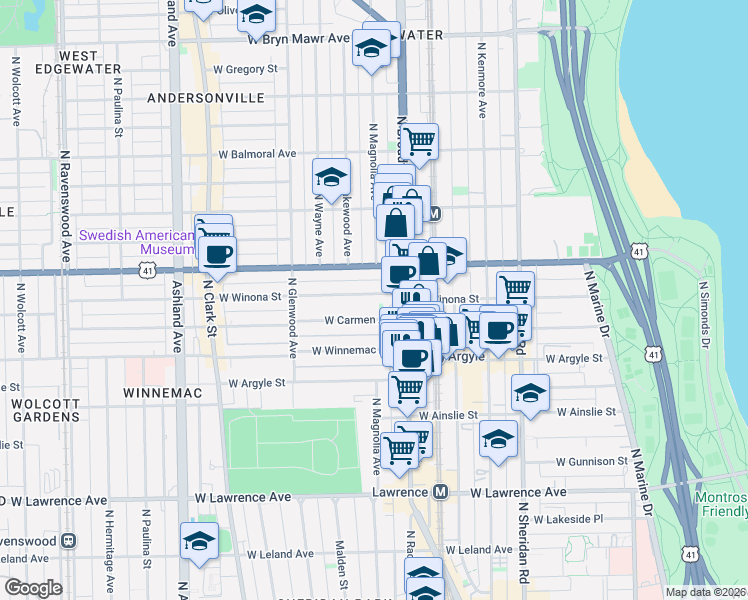 map of restaurants, bars, coffee shops, grocery stores, and more near 1241 West Carmen Avenue in Chicago