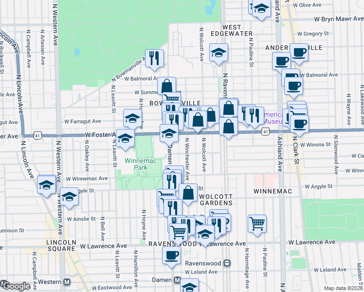 map of restaurants, bars, coffee shops, grocery stores, and more near 5074 North Winchester Avenue in Chicago