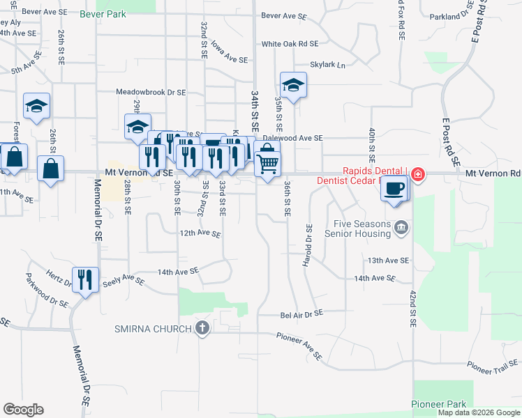 map of restaurants, bars, coffee shops, grocery stores, and more near 1115 34th Street Southeast in Cedar Rapids