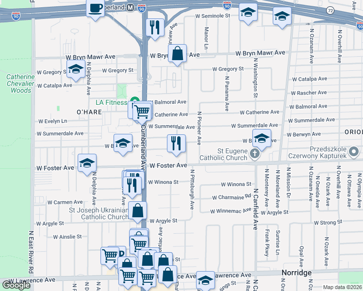 map of restaurants, bars, coffee shops, grocery stores, and more near 8241 West Berwyn Avenue in Chicago