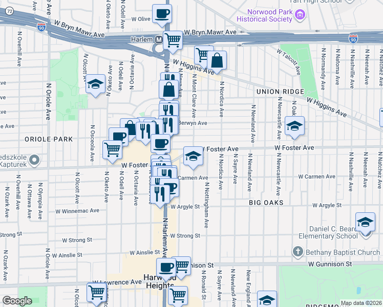 map of restaurants, bars, coffee shops, grocery stores, and more near 5127 North Neva Avenue in Chicago