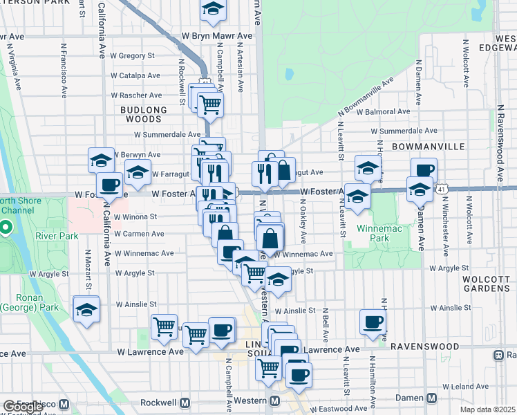 map of restaurants, bars, coffee shops, grocery stores, and more near 2421 West Winona Street in Chicago