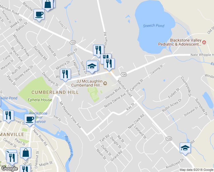 map of restaurants, bars, coffee shops, grocery stores, and more near 205 Manville Hill Road in Cumberland