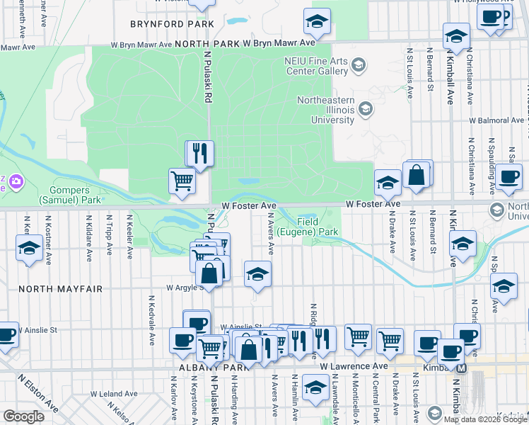 map of restaurants, bars, coffee shops, grocery stores, and more near 5156 North Avers Avenue in Chicago