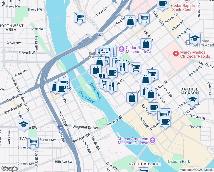 map of restaurants, bars, coffee shops, grocery stores, and more near in Cedar Rapids