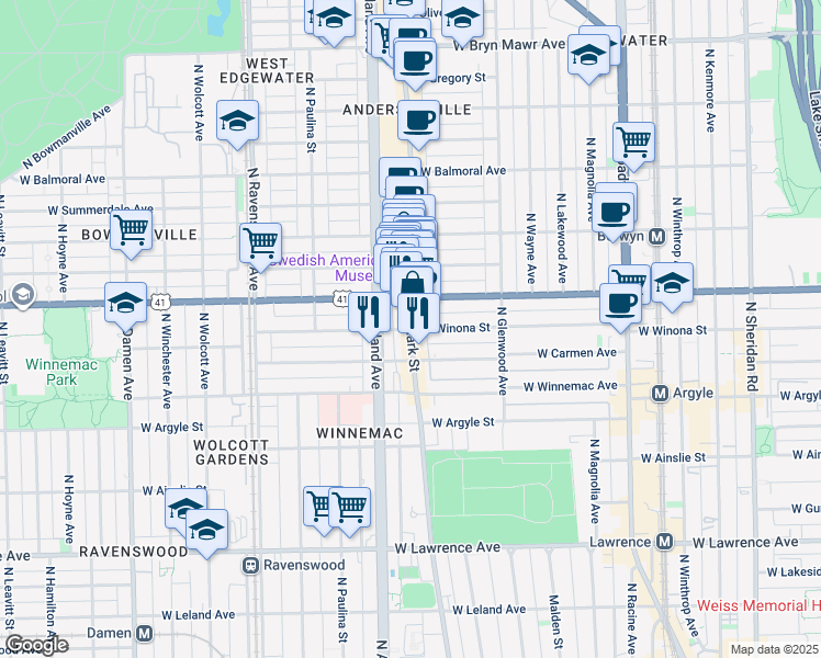 map of restaurants, bars, coffee shops, grocery stores, and more near N Clark St & W Winona St in Chicago