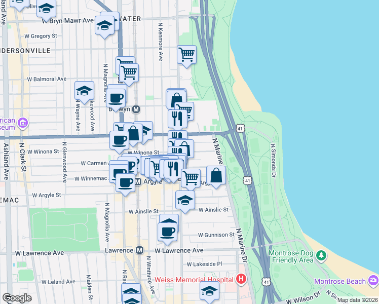 map of restaurants, bars, coffee shops, grocery stores, and more near 939 West Foster Avenue in Chicago