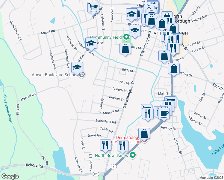 map of restaurants, bars, coffee shops, grocery stores, and more near 72 Ash Street in North Attleborough