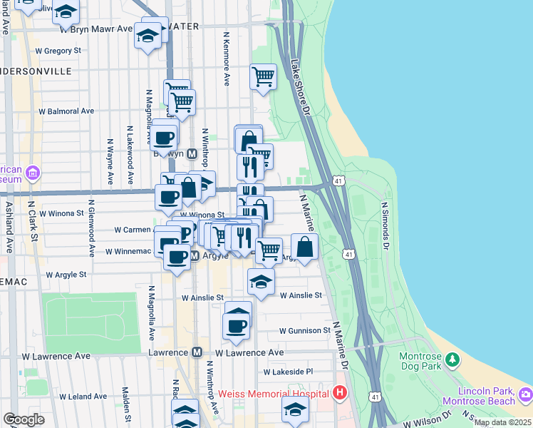 map of restaurants, bars, coffee shops, grocery stores, and more near 939 West Foster Avenue in Chicago