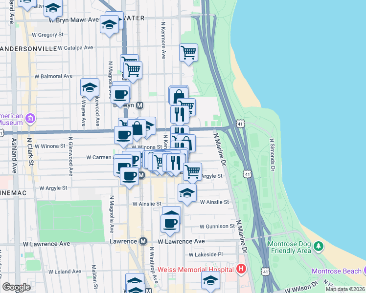 map of restaurants, bars, coffee shops, grocery stores, and more near 5120 North Sheridan Road in Chicago