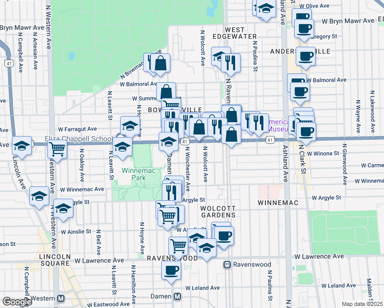 map of restaurants, bars, coffee shops, grocery stores, and more near 5138 North Winchester Avenue in Chicago