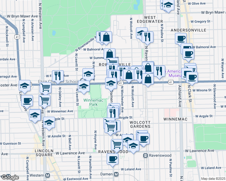 map of restaurants, bars, coffee shops, grocery stores, and more near in Chicago