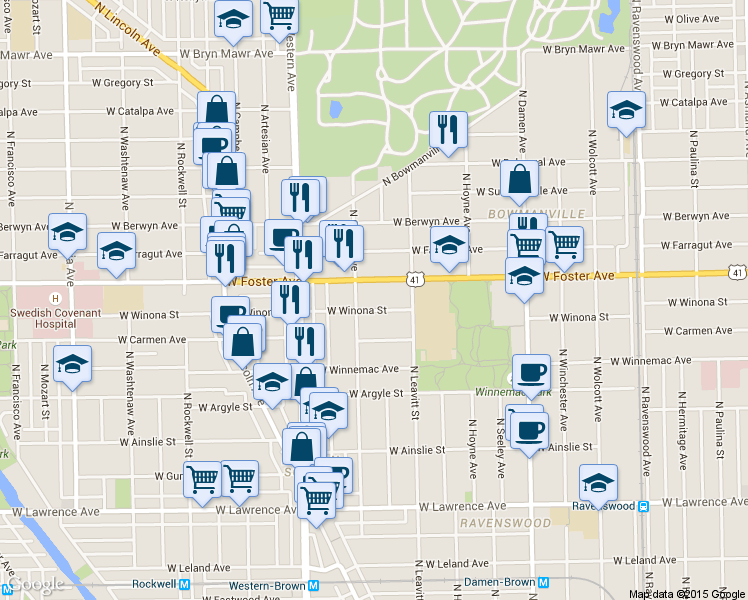 map of restaurants, bars, coffee shops, grocery stores, and more near 2228 West Foster Avenue in Chicago