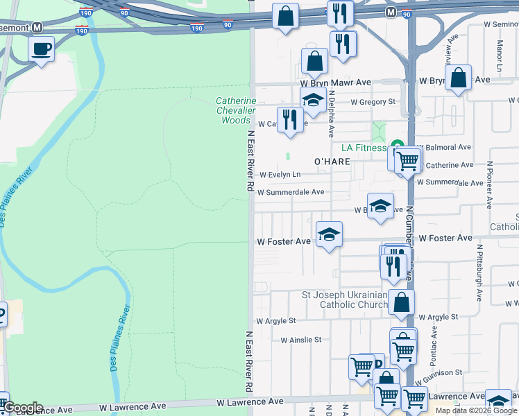 map of restaurants, bars, coffee shops, grocery stores, and more near 8759 West Summerdale Avenue in Chicago