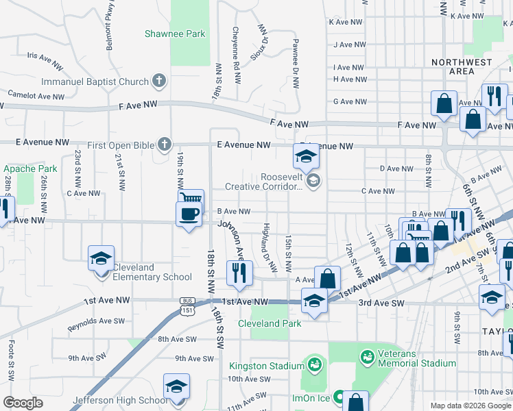 map of restaurants, bars, coffee shops, grocery stores, and more near 1609 C Avenue Northwest in Cedar Rapids