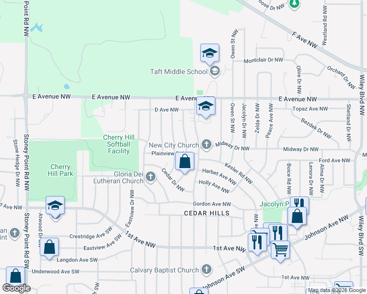 map of restaurants, bars, coffee shops, grocery stores, and more near 340 Carter Street Northwest in Cedar Rapids