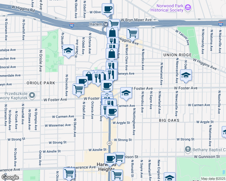 map of restaurants, bars, coffee shops, grocery stores, and more near 5215 North Harlem Avenue in Chicago