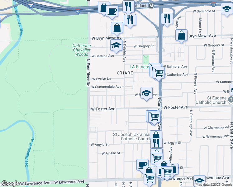map of restaurants, bars, coffee shops, grocery stores, and more near 8626 West Berwyn Avenue in Chicago