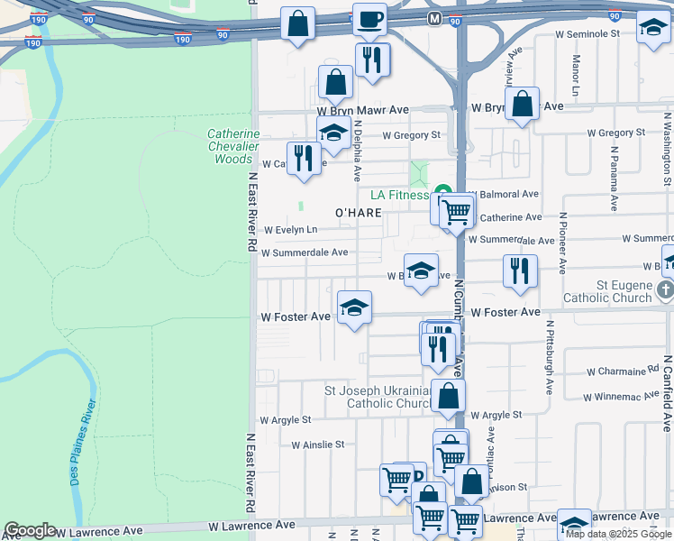 map of restaurants, bars, coffee shops, grocery stores, and more near 8631 West Summerdale Avenue in Chicago